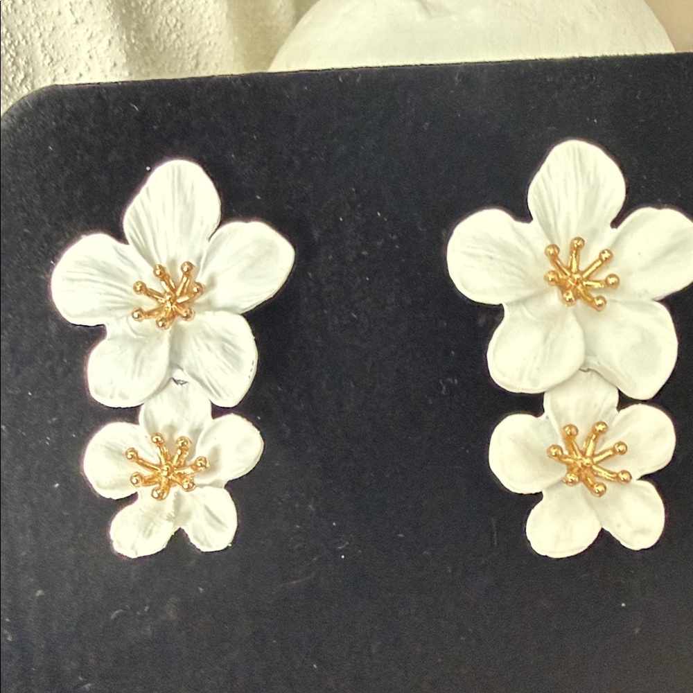 White Floral Drop Earrings with Gold Detail - Women Jewelry - Picture 2 of 2